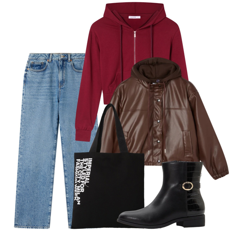 Outfit donna - Gennaio. Stile Casual per Tutti i giorni. Abbinamento con stivaletti, jeans dritti, felpe con cappuccio, giacche, shopping bag.