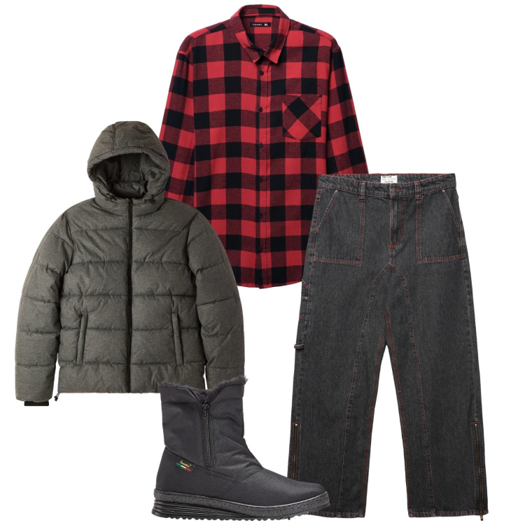 Outfit uomo - Total look #2315693. Stile Trendy per Tutti i giorni. Abbinamento con stivali e stivaletti, camicie, bomber, jeans dritti.