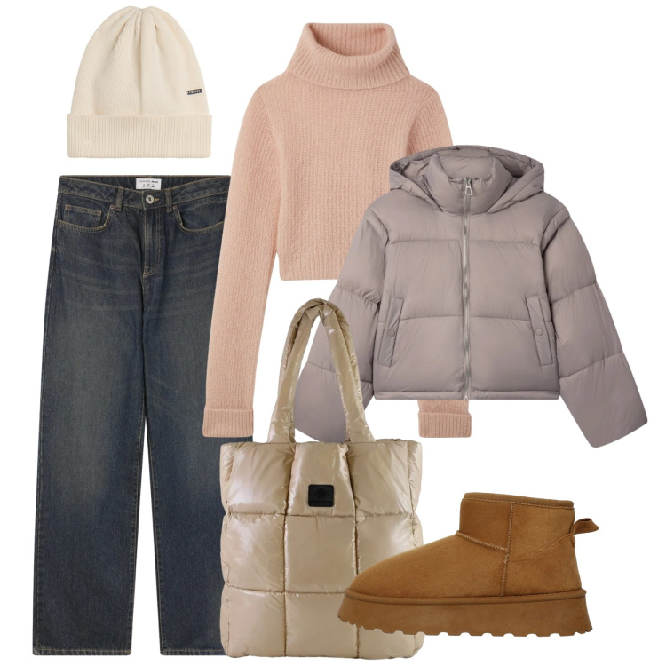 Outfit donna - Toni cipria. Stile Casual per Scuola/Università. Abbinamento con jeans dritti, maglieria, bomber, stivali, berretti, shopping bag.