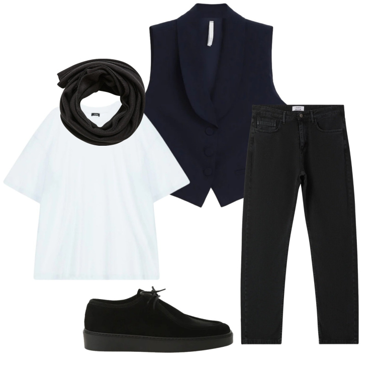 Outfit uomo - Total look #2315698. Stile Trendy per Serata speciale. Abbinamento con sciarpe, jeans dritti, gilet, t-shirt, scarpe stringate.