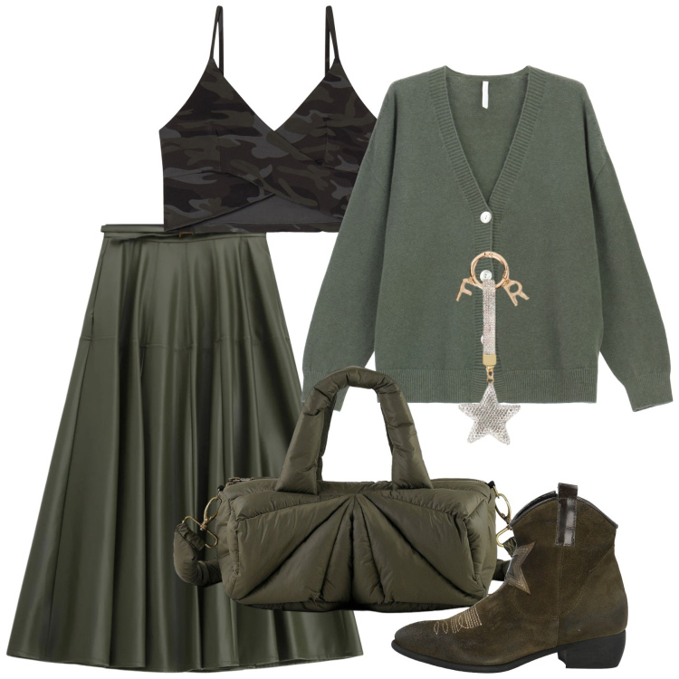 Outfit donna - Serata. Stile Chic per Serata fuori. Abbinamento con stivaletti texani, gonne lunghe, cardigans, top, borse a mano, portachiavi.