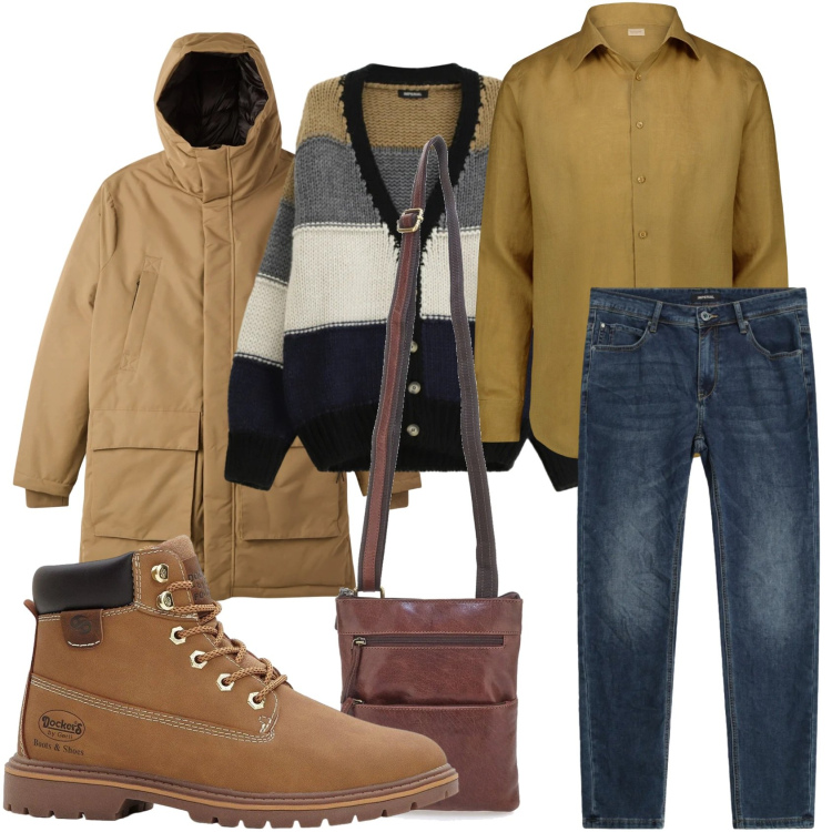 Outfit uomo - Febbraio freddo. Stile Casual per Tutti i giorni. Abbinamento con stivali e stivaletti, parka, jeans slim fit, cardigans, portafogli, camicie.