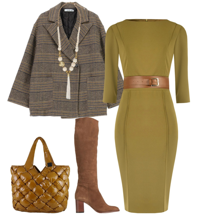 Outfit donna - Total look #2315711. Stile Chic per Serata fuori. Abbinamento con stivali, cappotti, borse tote, vestiti a tubino, ciondoli.