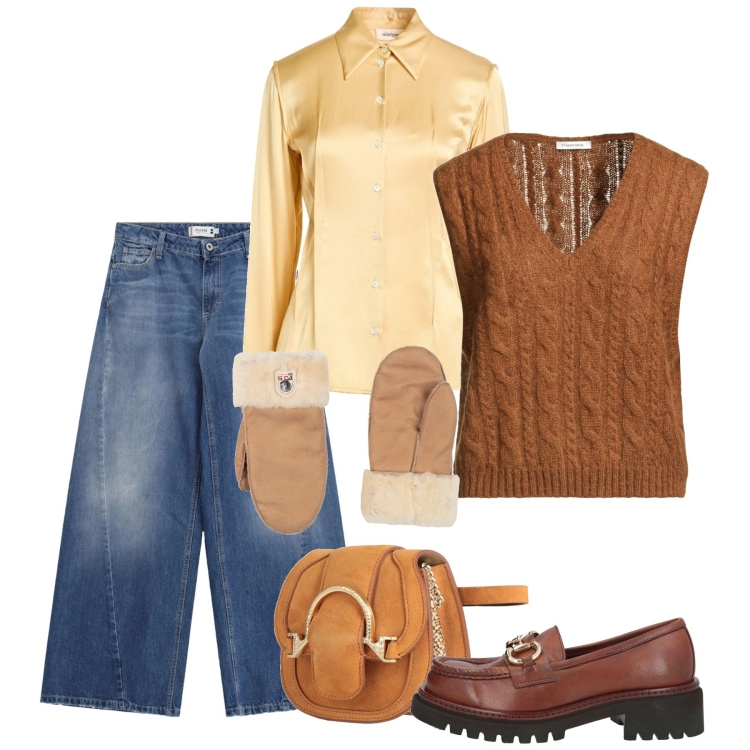 Outfit donna - La camicia a gennaio. Stile Casual chic per Tutti i giorni. Abbinamento con camicie, marsupi, guanti, mocassini, pullovers, jeans.