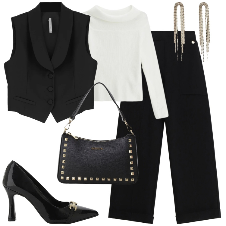 Outfit donna - B&W. Stile Trendy per Tutti i giorni. Abbinamento con orecchini, pantaloni, maglieria, gilet, pochette, décolleté.
