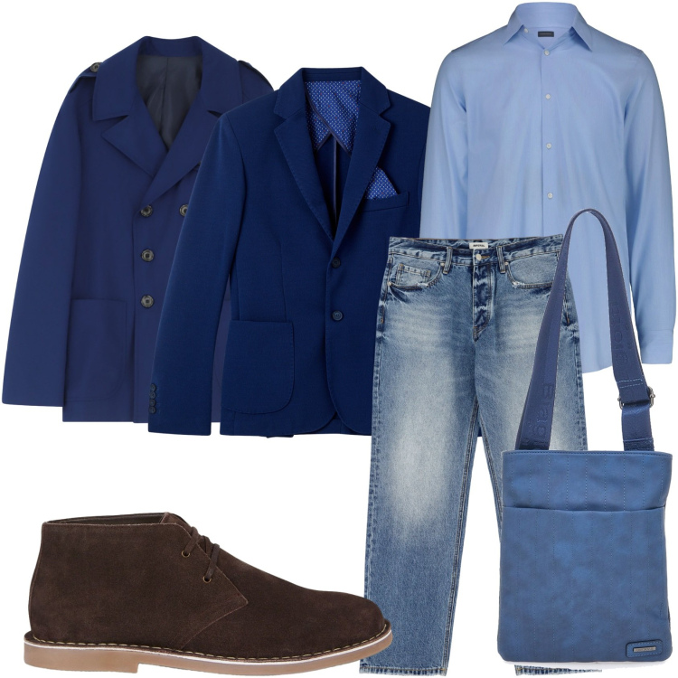 Outfit uomo - Giacca e jeans. Stile Trendy per Tutti i giorni. Abbinamento con giacche, jeans, caban, portafogli, stivali e stivaletti, camicie.