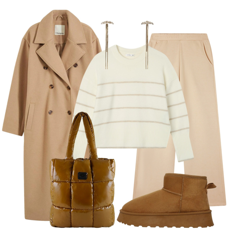 Outfit donna - Comfort chic. Stile Basic per Tutti i giorni. Abbinamento con cappotti, maglieria, pantaloni, stivali, orecchini, shopping bag.