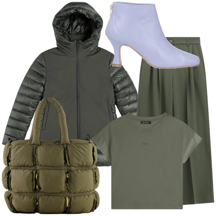 Outfit donna - Il verde e un poco di lilla. Stile Sporty chic per Tutti i giorni. Abbinamento con stivaletti, pantaloni a palazzo, t-shirt, piumini, borse a mano.