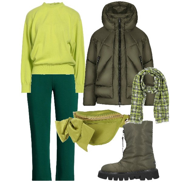 Outfit donna - Evergreen. Stile Casual per Tutti i giorni. Abbinamento con marsupi, stivaletti, sciarpe, pantaloni, pullovers, piumini.