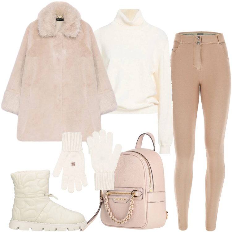 Outfit donna - Confortevole sotto la neve - Curvy. Stile Sporty chic per Tutti i giorni. Abbinamento con stivaletti, maglieria, guanti, zaini, pantaloni skinny, cappotti.