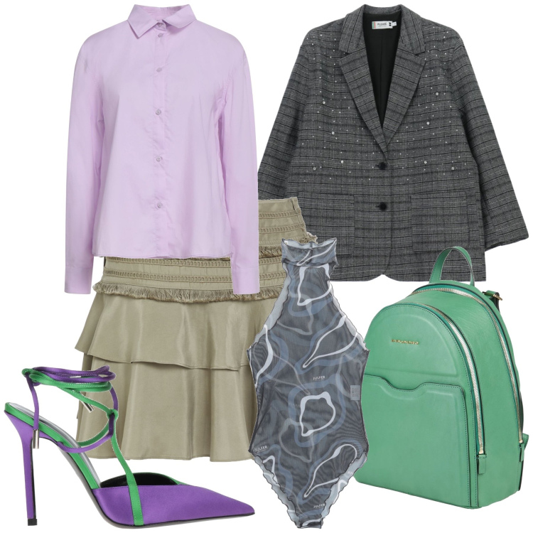 Outfit donna - Trendy ritorno al lavoro. Stile Trendy per Ufficio. Abbinamento con décolleté, zaini, minigonne, body, camicie, blazer.