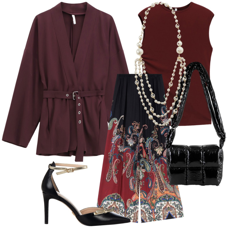 Outfit donna - Serata in pantaloni wow. Stile Glamour per Serata fuori. Abbinamento con pantaloni a palazzo, blazer, top, collane, borse a spalla, décolleté.