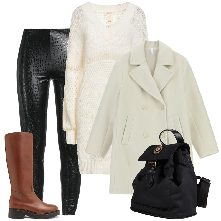 Outfit donna - Avorio e nero. Stile Chic per Tutti i giorni. Abbinamento con stivali, pullovers, leggings, zaini, cappotti.