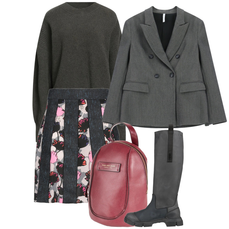 Outfit donna - In rosa e grigio. Stile Chic per Tutti i giorni. Abbinamento con minigonne, zaini, stivali di gomma, pullovers, blazer.