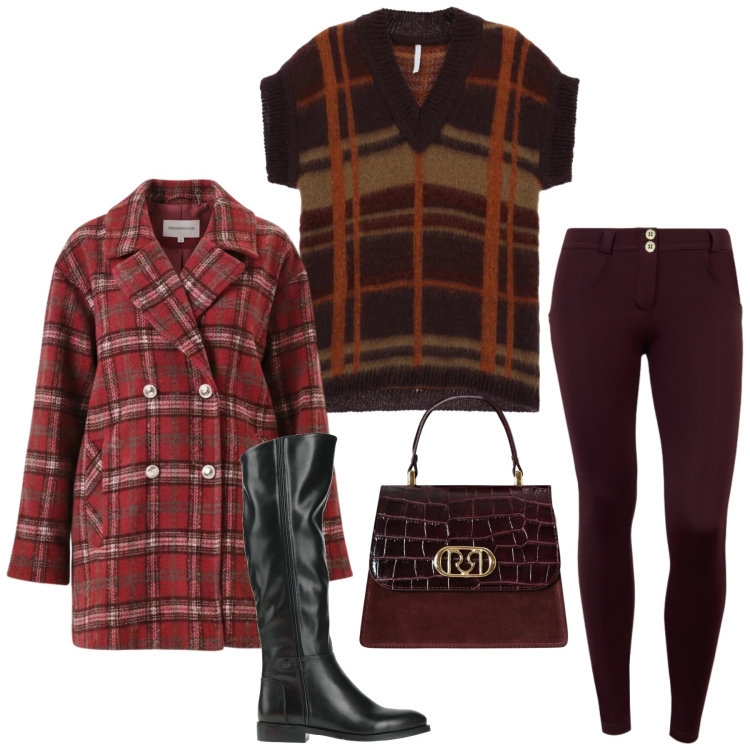 Outfit donna - Total look #2315744. Stile Trendy per Serata fuori. Abbinamento con stivali, maglieria, pantaloni skinny, cappotti, borse a mano.