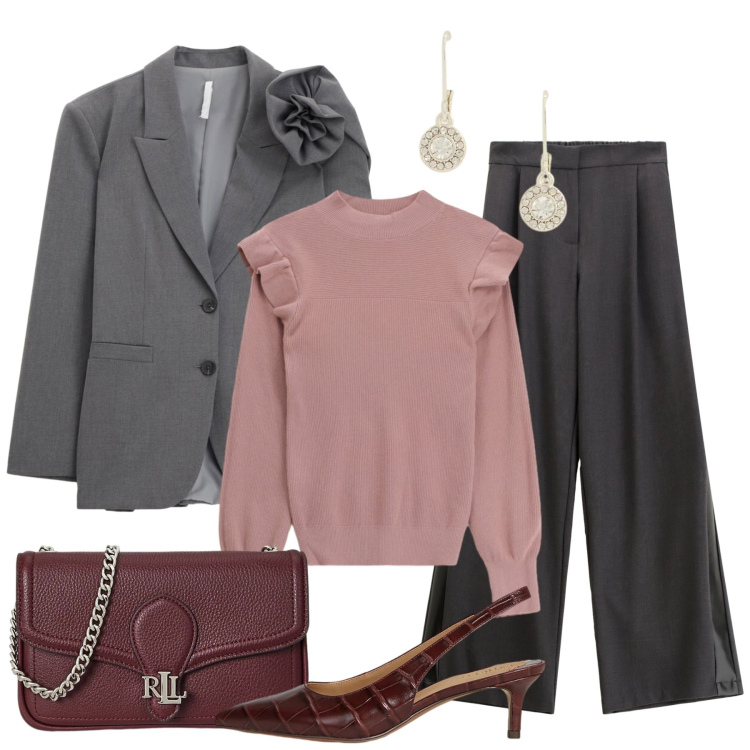 Outfit donna - Ruches e fiori. Stile Chic per Tutti i giorni. Abbinamento con maglieria, pantaloni, blazer, orecchini, décolleté, clutch.