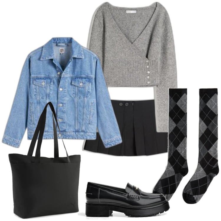 Outfit mujer - Preppy #28. Estilo Preppy para Todos los días. Combinación con cárdigans, calcetines, faldas, mocasines, blazers, bolso tote.