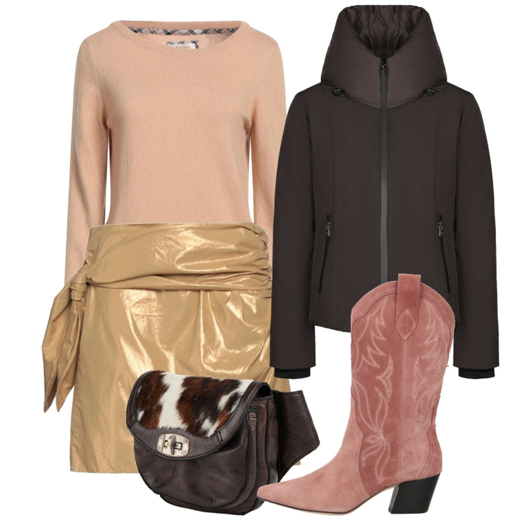 Outfit donna - Serata pesca. Stile Chic per Serata fuori. Abbinamento con marsupi, stivali, minigonne, pullovers, blazer.