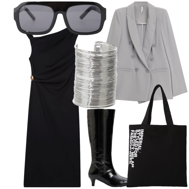 Outfit donna - Subito una riunione. Stile Bon Ton per Ufficio. Abbinamento con stivali, vestiti asimmetrici, blazer, occhiali da sole, shopping bag, braccialetti.