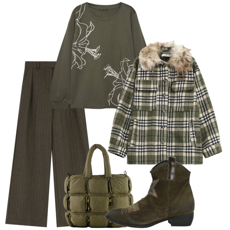 Outfit donna - Gennaio. Stile Bon Ton per Scuola/Università. Abbinamento con stivaletti texani, cappotti, pantaloni a palazzo, borse a mano, felpe.