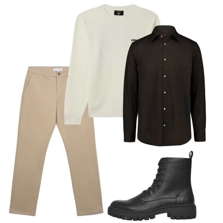 Outfit uomo - Gennaio. Stile Casual per Tutti i giorni. Abbinamento con felpe, anfibi, pantaloni chino, camicie.