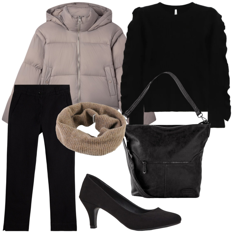 Outfit donna - Una maglia particolare. Stile Urban per Ufficio. Abbinamento con décolleté, borse a spalla, bomber, maglieria, pantaloni, scaldacollo.