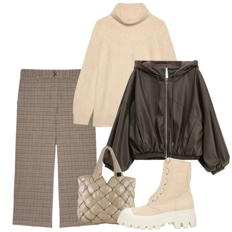 Outfit donna - Gennaio. Stile Casual per Tutti i giorni. Abbinamento con stivaletti, bomber, borse tote, pantaloni, maglieria.