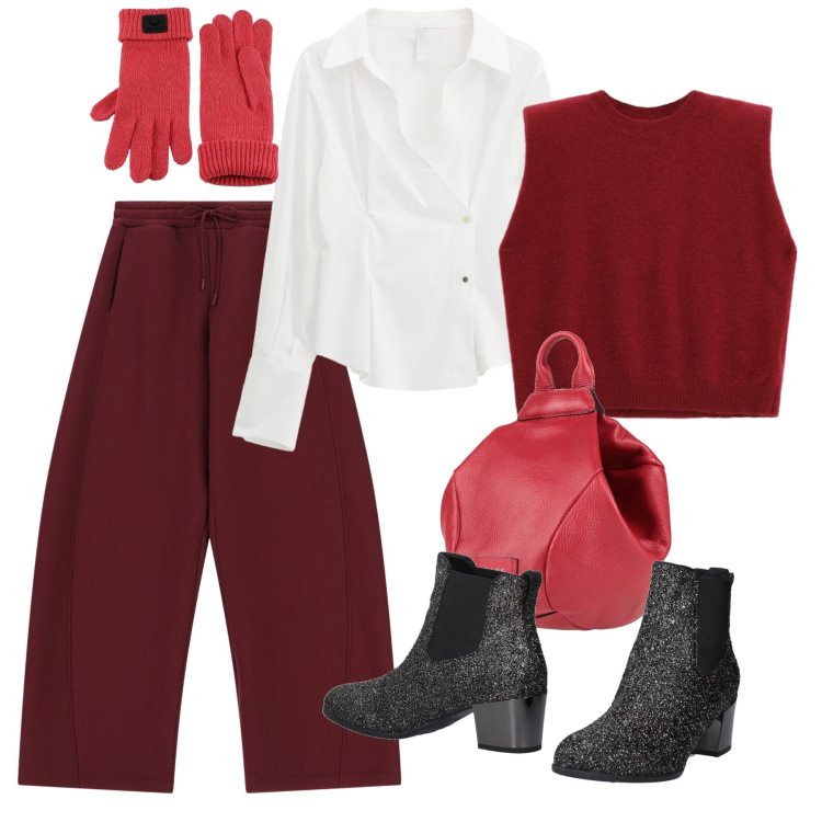 Outfit donna - Gennaio bianco e rosso. Stile Basic per Tutti i giorni. Abbinamento con stivaletti chelsea, zaini, pantaloni a palazzo, camicie, maglieria, guanti.