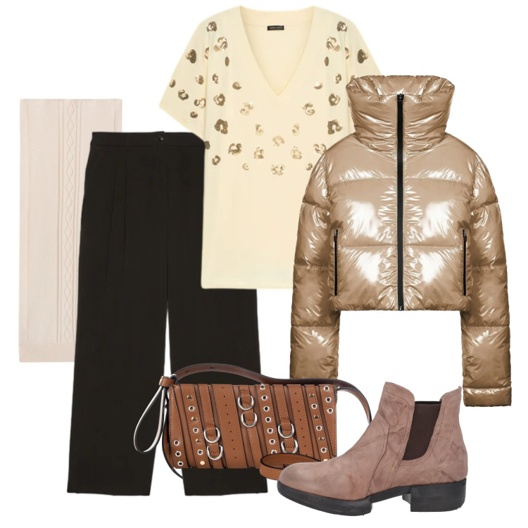 Outfit donna - Serata da amici. Stile Chic per Serata fuori. Abbinamento con stivaletti chelsea, borse a spalla, sciarpe, piumini, t-shirt, pantaloni.