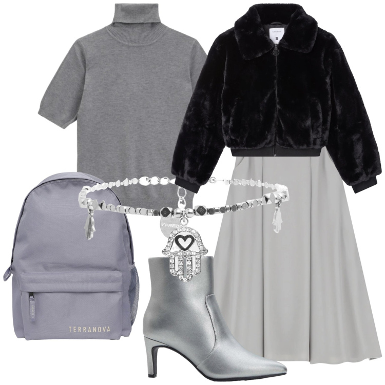 Outfit donna - Il grigio sempre ok. Stile Urban per Ufficio. Abbinamento con stivaletti, gonne lunghe, maglieria, zaini, ecopellicce, braccialetti.