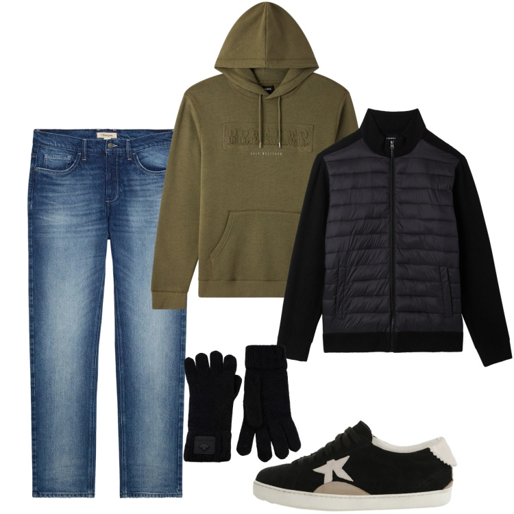 Outfit uomo - Gennaio. Stile Casual per Tutti i giorni. Abbinamento con jeans dritti, felpe con cappuccio, piumini, sneakers, guanti.