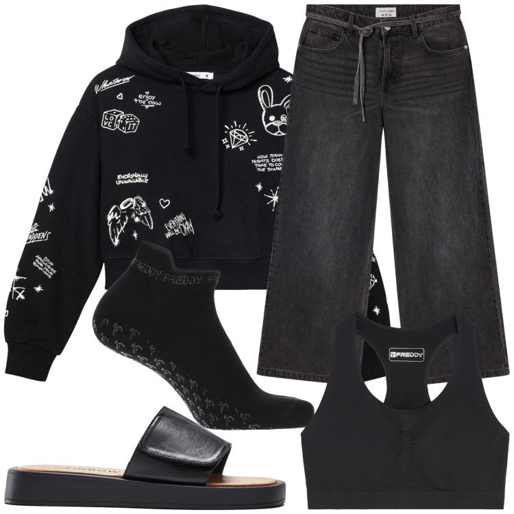 Outfit donna - In casa a fumetti. Stile Basic per Tutti i giorni. Abbinamento con ciabatte, jeans, felpe con cappuccio, calzini, reggiseni.