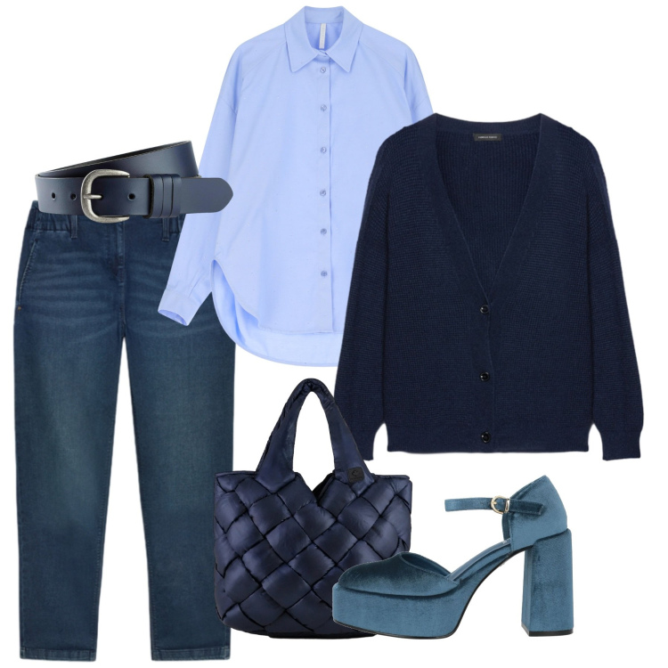 Outfit donna - Blue day. Stile Casual per Tutti i giorni. Abbinamento con cinture, décolleté, camicie, borse tote, cardigans, jeans.