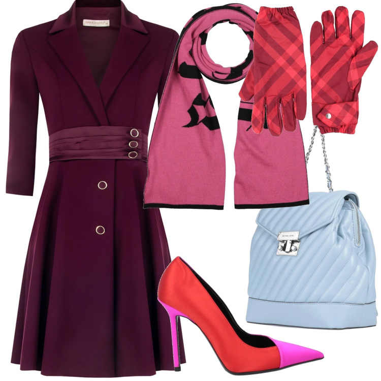 Outfit donna - Quando il freddo è a colori. Stile Trendy per Ufficio. Abbinamento con zaini, décolleté, sciarpe, guanti, vestiti chemisier.