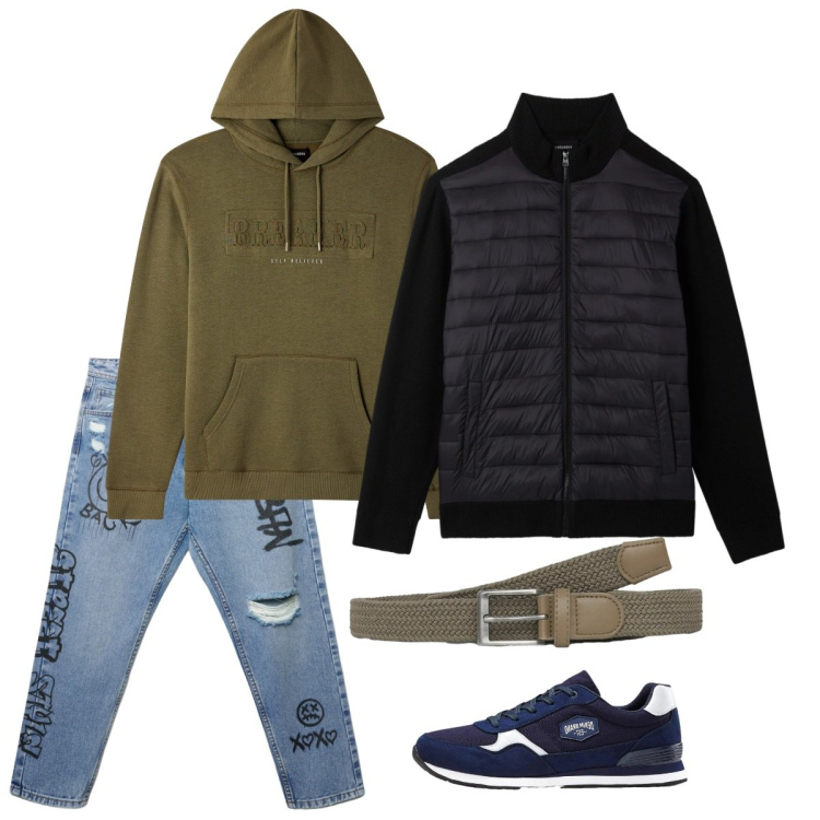 Outfit uomo - Gennaio. Stile Casual per Tutti i giorni. Abbinamento con sneakers, cinture, felpe con cappuccio, piumini, jeans strappati.