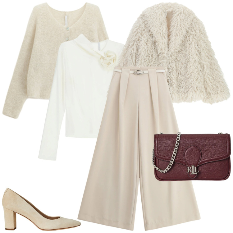 Outfit donna - Imperial - Saldi FW 2025. Stile Chic per Cerimonia. Abbinamento con t-shirt, ecopellicce, pantaloni a palazzo, cardigans, clutch, décolleté.