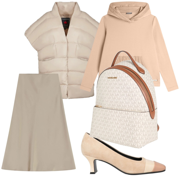 Outfit donna - Tutti i neutri del mondo. Stile Urban per Ufficio. Abbinamento con zaini, décolleté, gonne longuette, felpe con cappuccio, piumini.