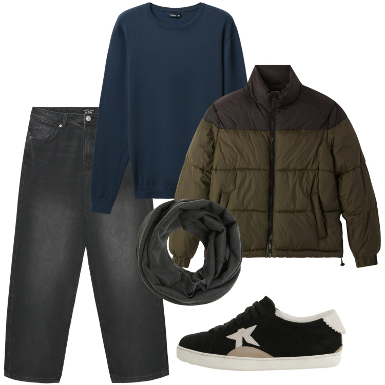 Outfit uomo - Gennaio. Stile Casual per Tutti i giorni. Abbinamento con sciarpe, bomber, jeans dritti, maglieria, sneakers.