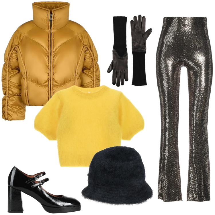 Outfit donna - Trendy 2026: mi illumino d\'inverno!. Stile Glamour per Serata fuori. Abbinamento con décolleté, pantaloni, cappelli, guanti, t-shirt, piumini.