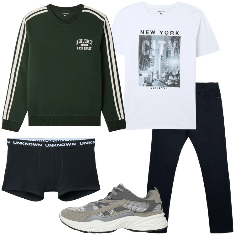 Outfit uomo - Basic. Stile Casual per Tutti i giorni. Abbinamento con t-shirt, sneakers, boxer, pantaloni skinny, felpe sportive.