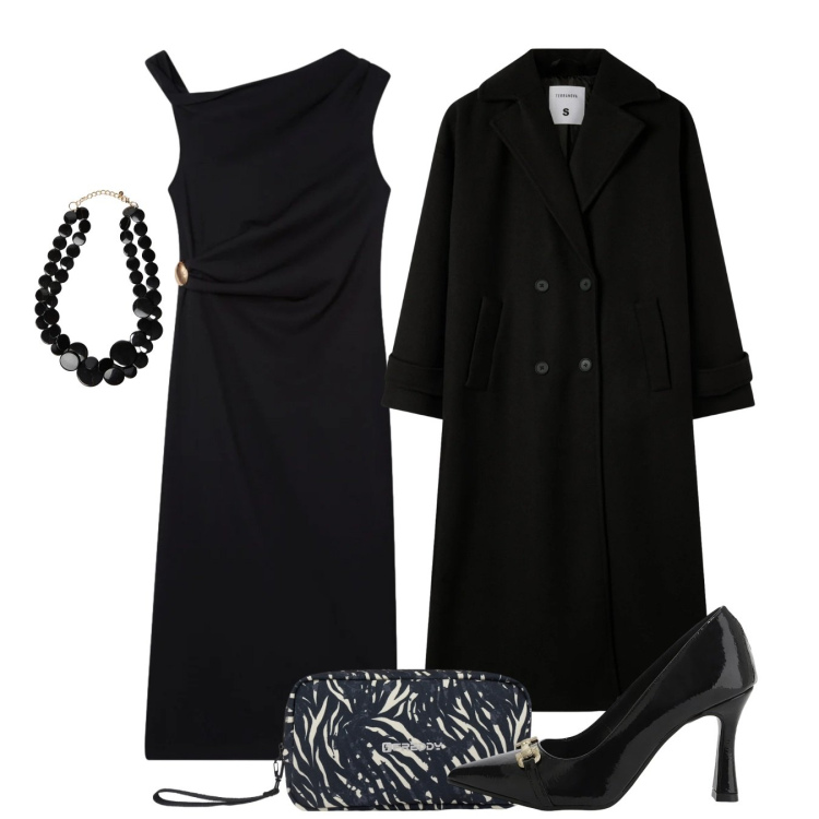Outfit donna - Gran galà. Stile Chic per Serata fuori. Abbinamento con vestiti asimmetrici, cappotti, décolleté, valigie, collane.