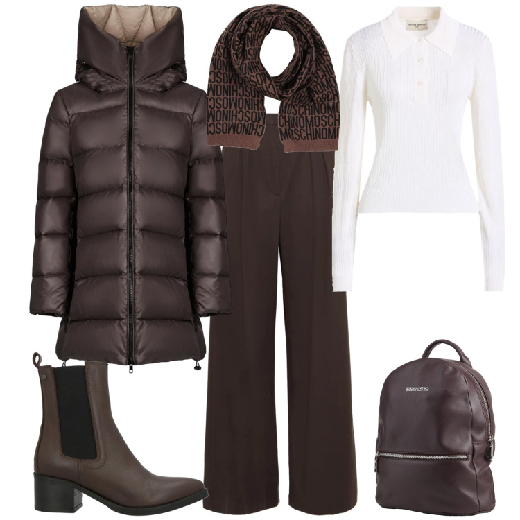 Outfit donna - Trendy per l ufficio. Stile Trendy per Tutti i giorni. Abbinamento con stivaletti chelsea, pullovers, pantaloni, sciarpe, zaini, cappotti.