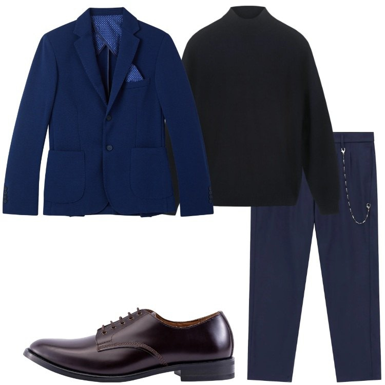 Outfit uomo - Blu e nero. Stile Trendy per Serata speciale. Abbinamento con giacche, pantaloni, scarpe stringate, maglieria.