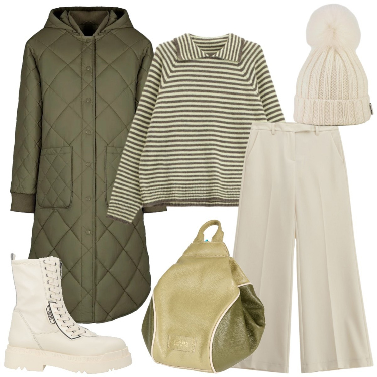 Outfit donna - Total look #2315810. Stile Casual per Tutti i giorni. Abbinamento con anfibi, zaini, maglieria, pantaloni, piumini, berretti.