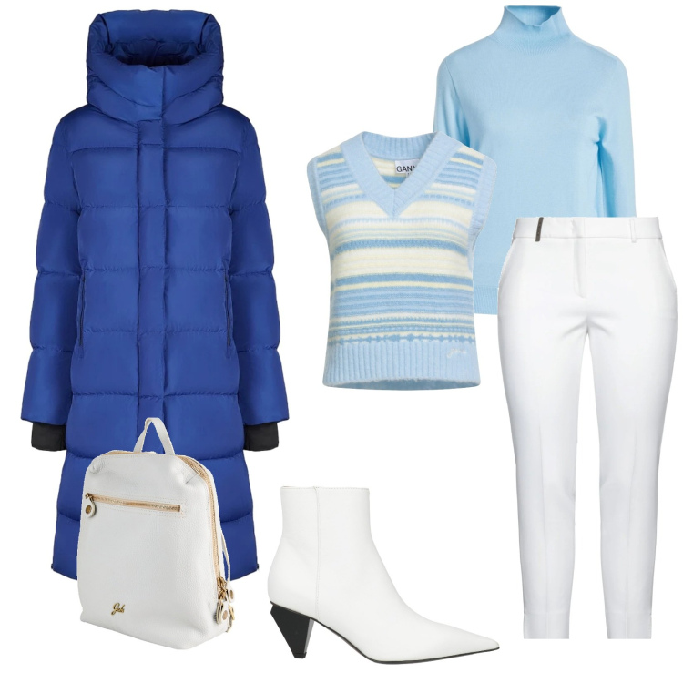 Outfit donna - Gennaio. Stile Chic per Tutti i giorni. Abbinamento con pullovers, stivaletti, zaini, maglieria, pantaloni, piumini.