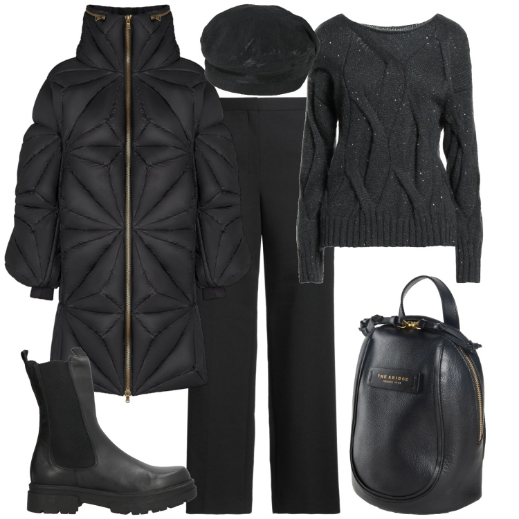Outfit donna - Casual chic per una serata. Stile Casual chic per Serata fuori. Abbinamento con pullovers, zaini, pantaloni, cappelli e berretti, stivaletti, cappotti.