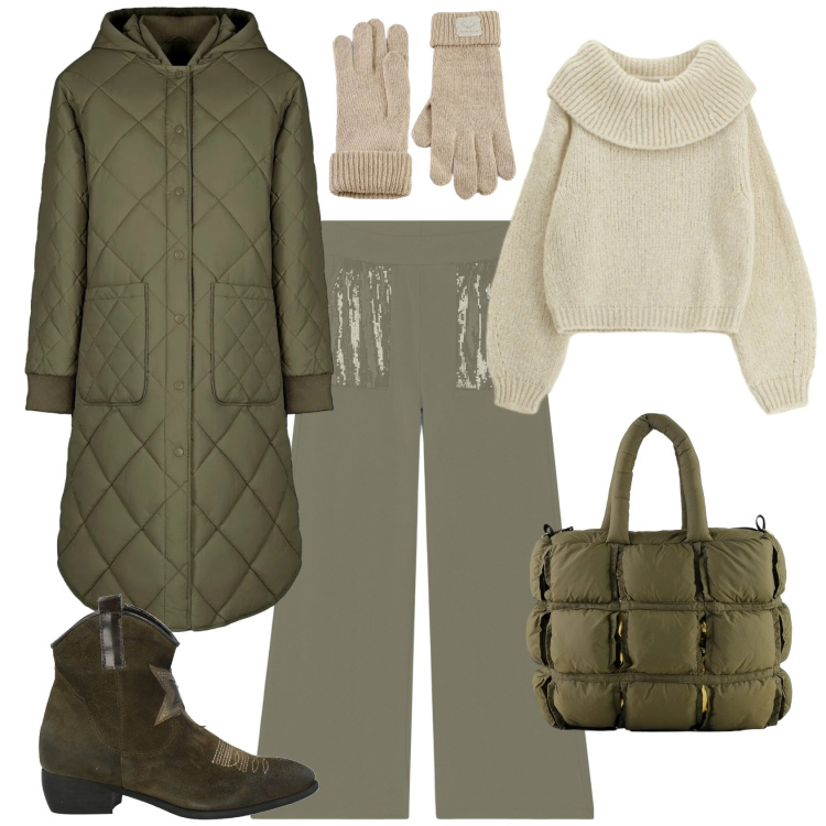 Outfit donna - Sporty chic per l ufficio. Stile Sporty chic per Ufficio. Abbinamento con stivaletti texani, maglieria, pantaloni, guanti, borse a mano, piumini.