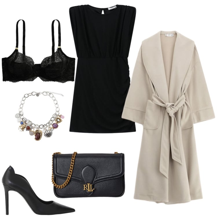 Outfit donna - Linee semplici eleganti. Stile Chic per Serata fuori. Abbinamento con vestiti corti, cappotti, reggiseni, clutch, décolleté, braccialetti con ciondoli.