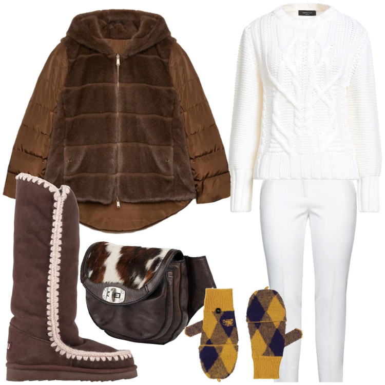 Outfit donna - Confortevole sotto la neve. Stile Minimal per Tutti i giorni. Abbinamento con pullovers, pantaloni, marsupi, stivali da neve, guanti, ecopellicce.