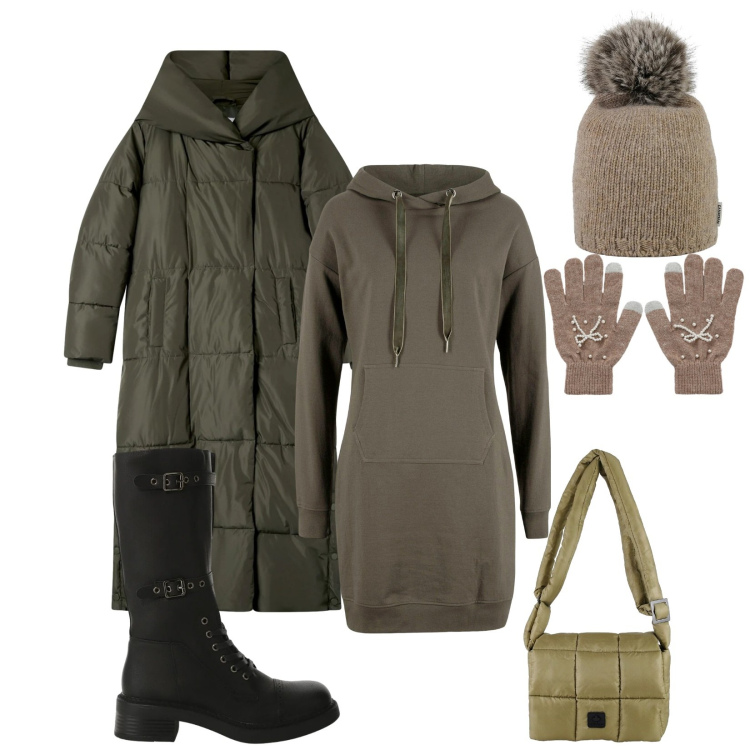 Outfit donna - Total look #2315833. Stile Urban per Tutti i giorni. Abbinamento con vestiti, cappotti, guanti, stivali, borse a spalla, berretti.